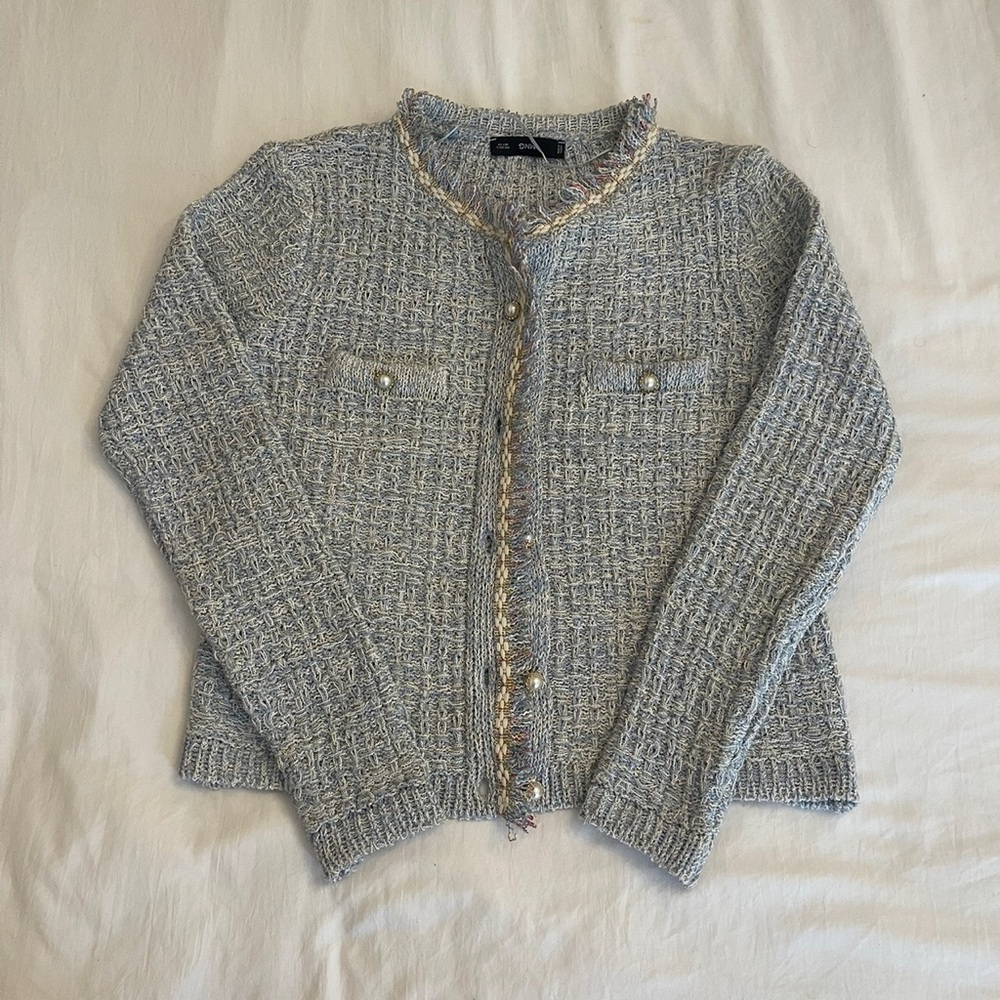Mango Gray Tweed Cardigan with Gold Accents